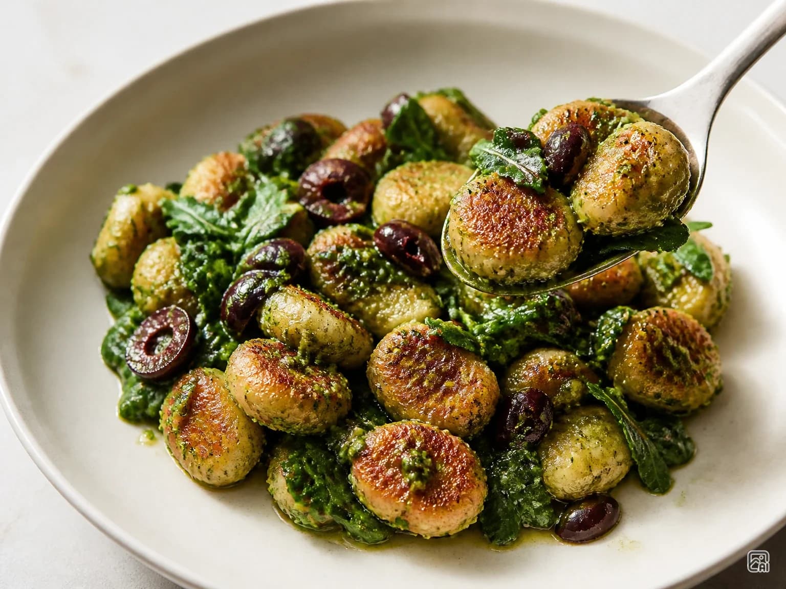 Pesto Gnocchi with Arugula and Kalamata Olives