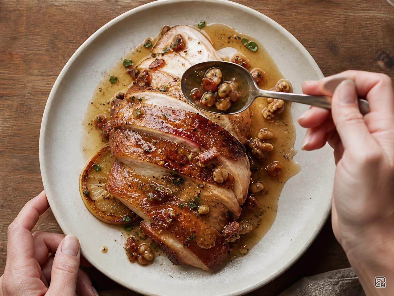 Roast Turkey with Flavored Butter, Bacon, and Cider-Walnut Gravy