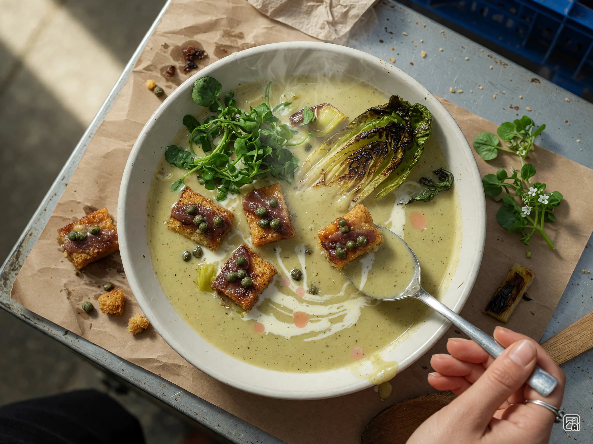 Grilled Caesar Salad Soup