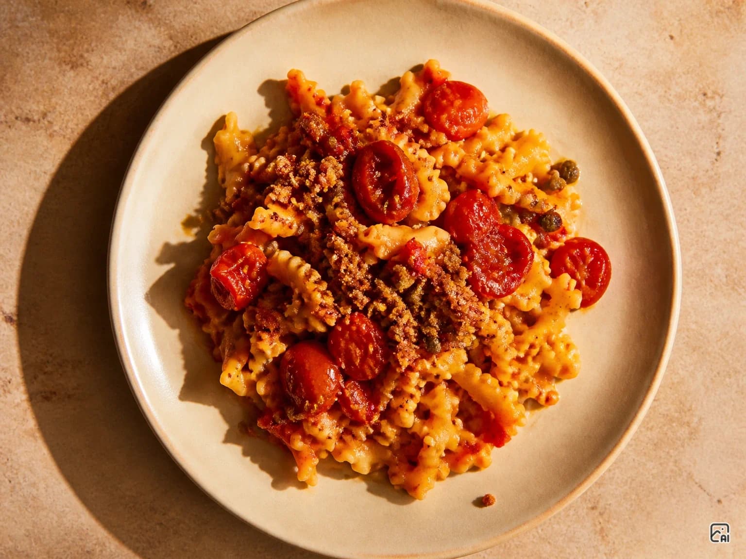 Pasta with Burst Cherry Tomato Sauce and Fried Caper Crumbs