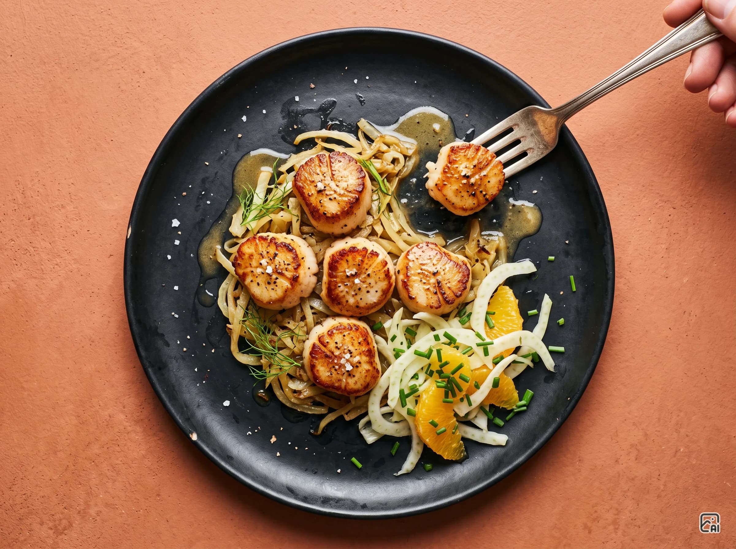 Seared Scallops with Fennel, Sauce, and Salad