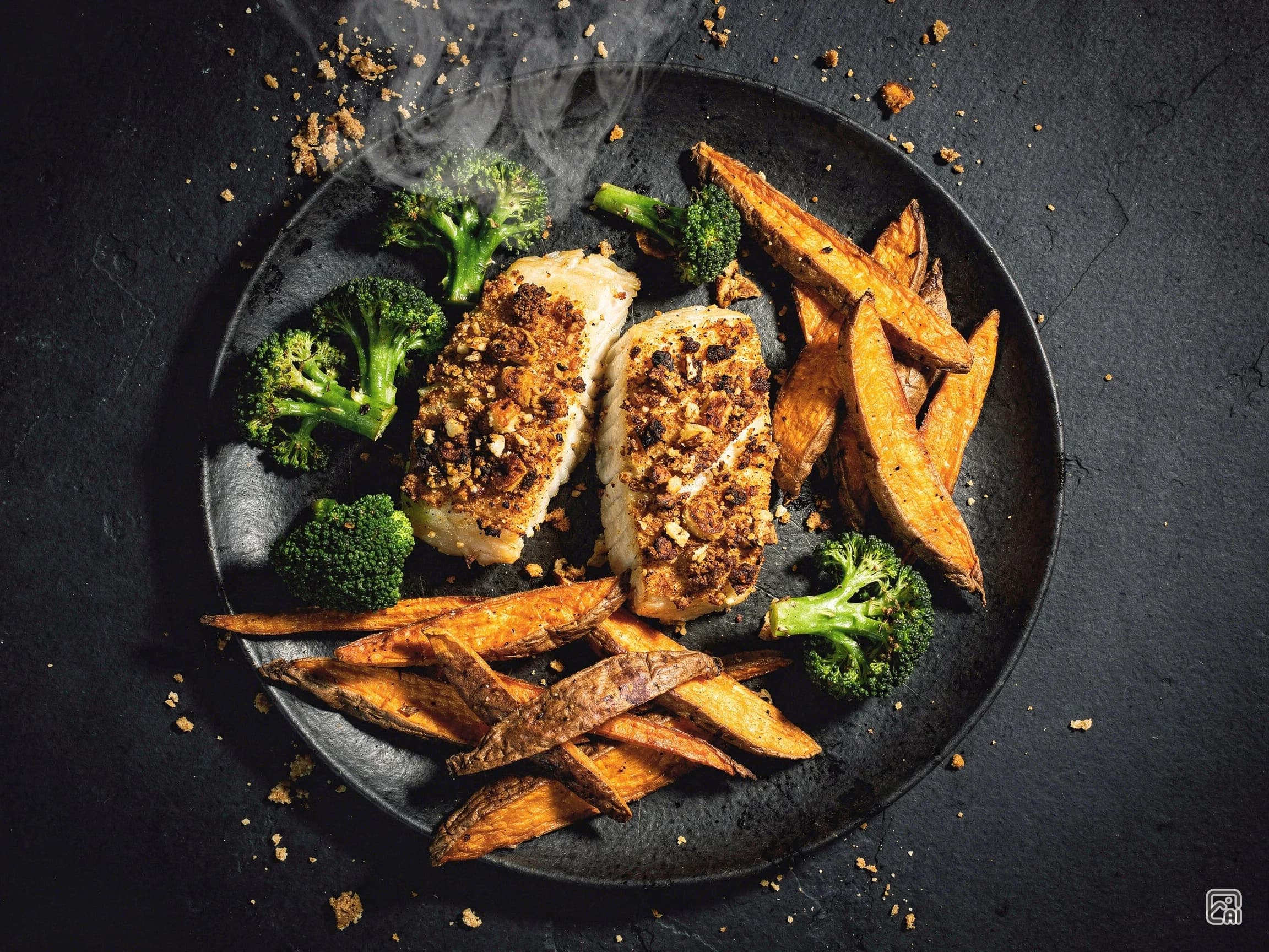 Super Food Fish with Nutty Crust and Sweet Potato Wedges
