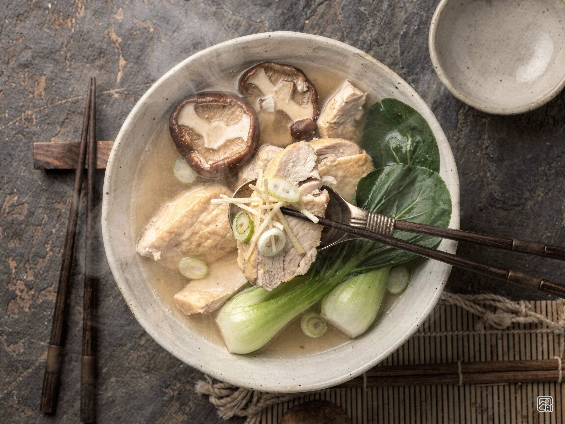 Shiitake, Bok Choy & Ginger-Miso Chicken Broth