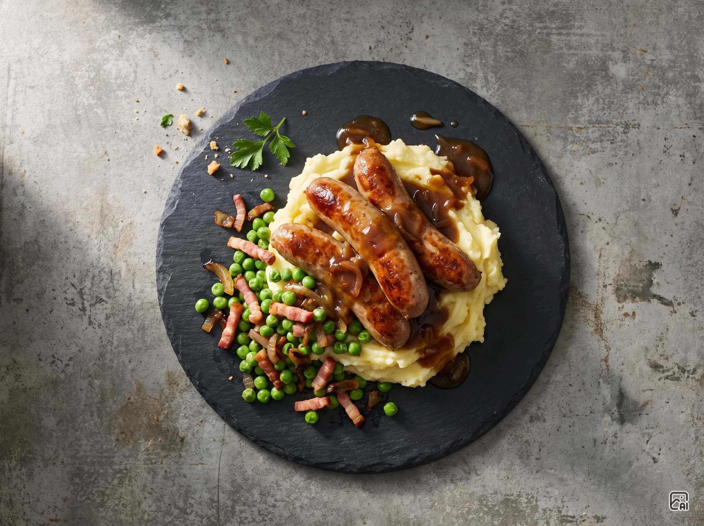 Traditional Bangers & Mash with Smoky Bacon Peas