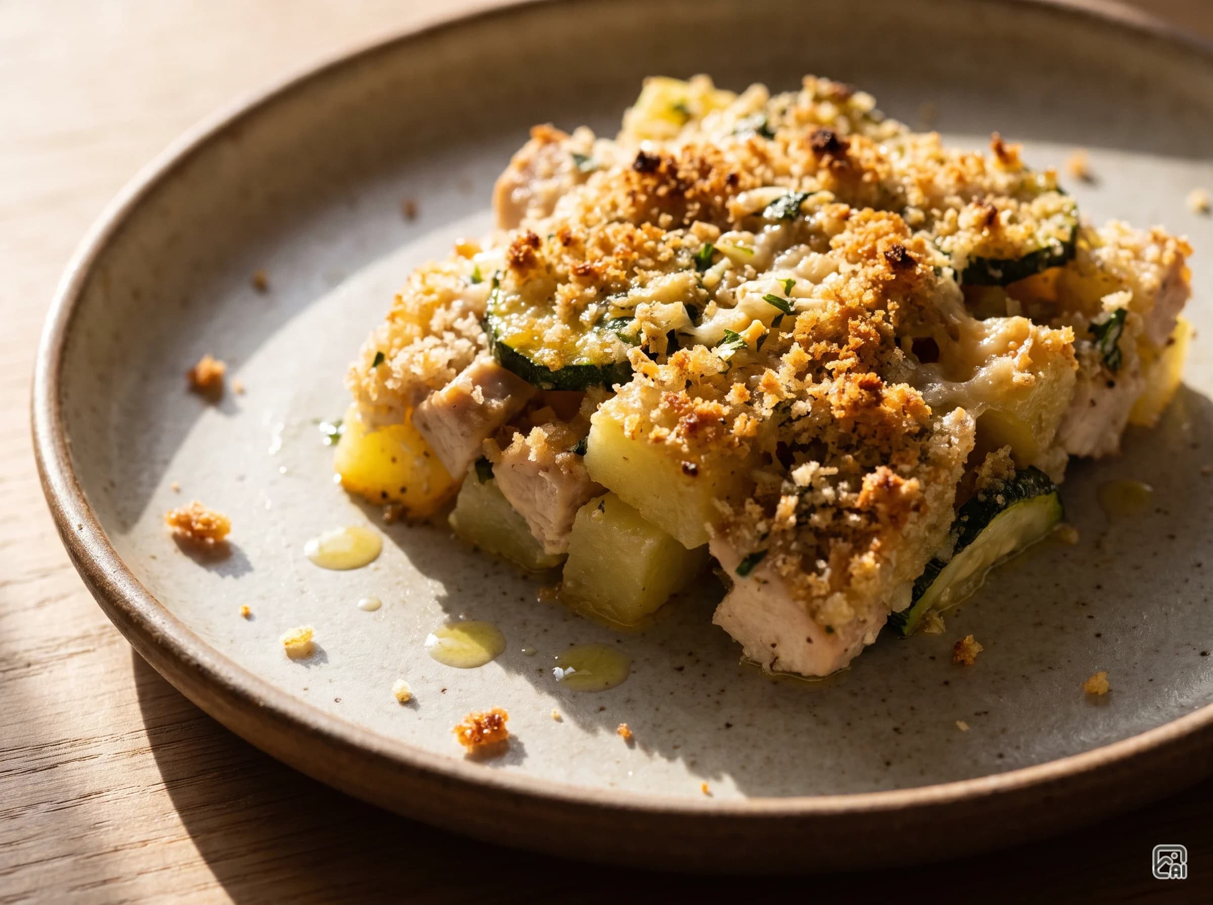 Pollo patate e zucchine gratinati